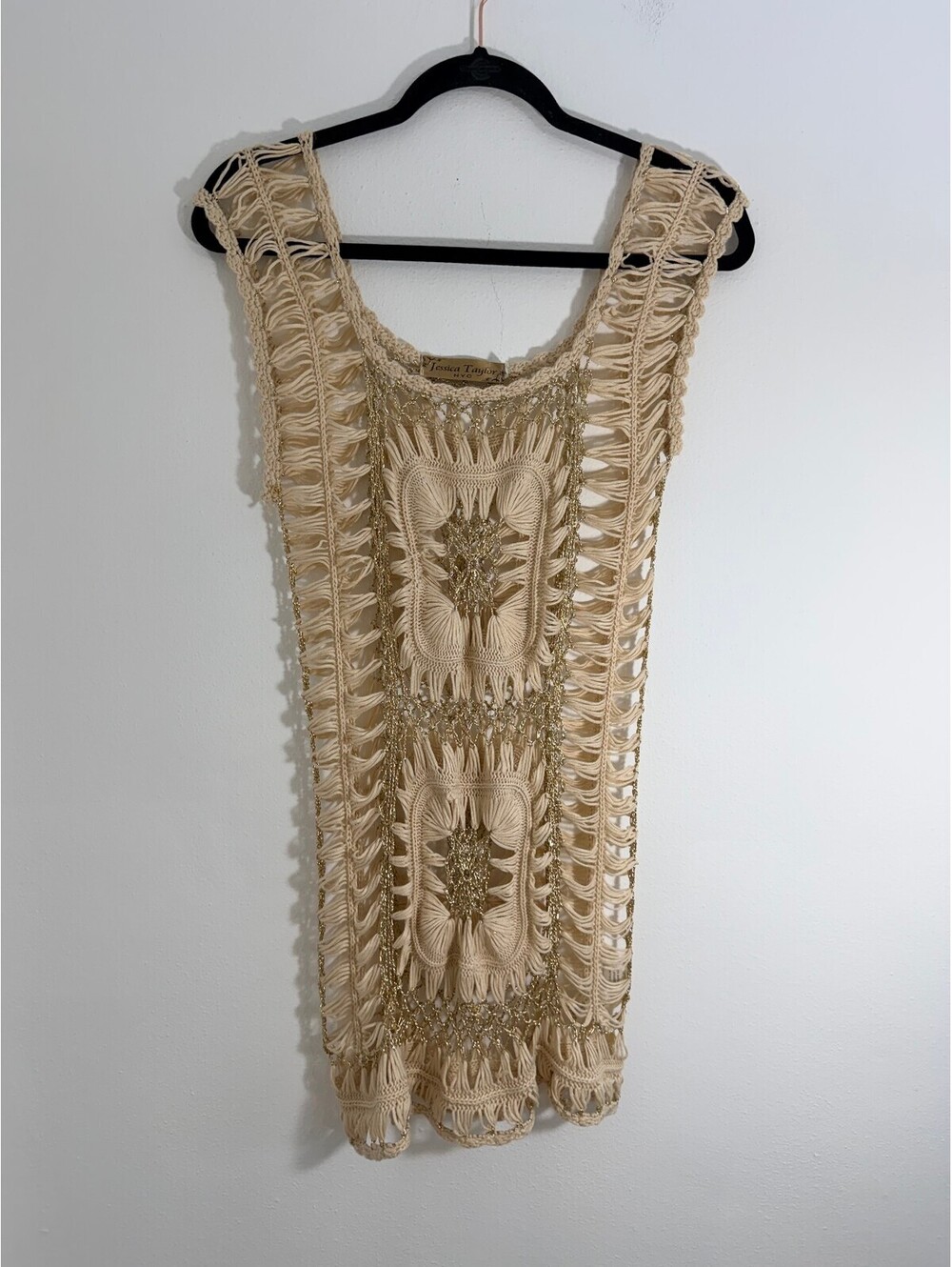 Jessica Taylor NYC One Size Beige Gold Crochet Tunic Vest Swim Cover Up - Picture 2 of 8